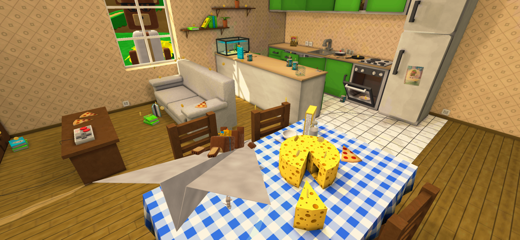 Super Bear Adventureのローポリキッチンのレベルで、巨大なテーブルのチーズの上を紙飛行機に乗って飛ぶクマのBaarenキャラクター。