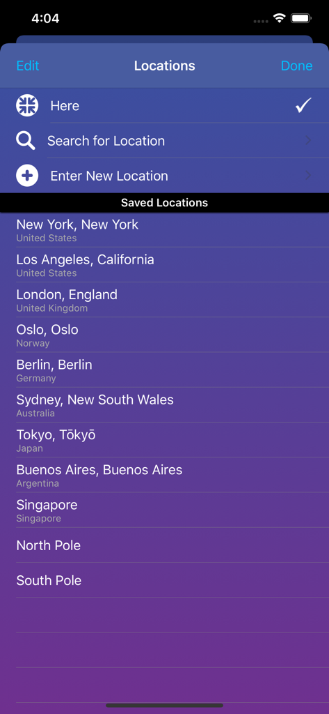 Moon Seeker app locations selection interface showing a list of saved global cities and poles