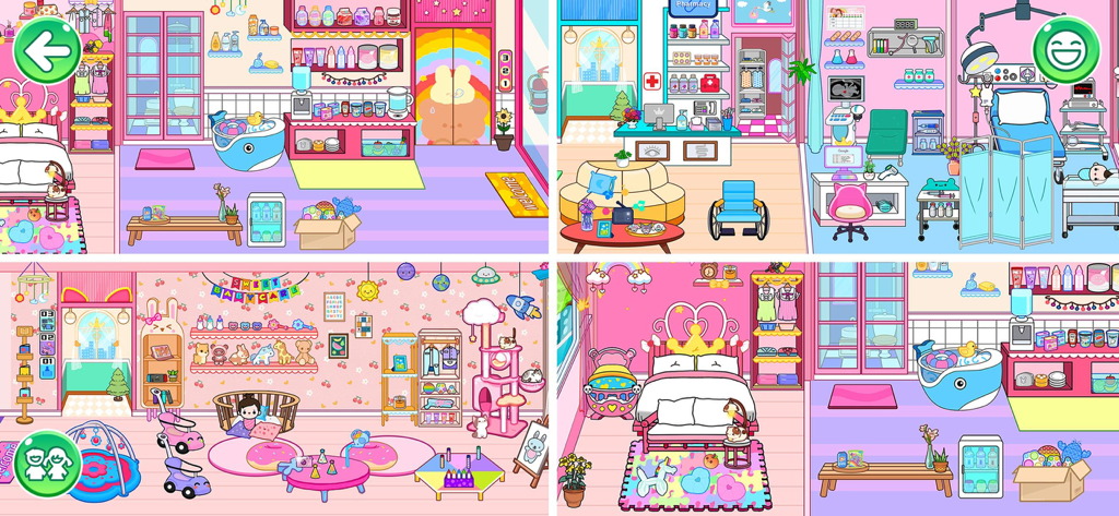 Gameplay-Screenshots von Kinderzimmern und Krankenzimmern in Princess Town Hospital Games