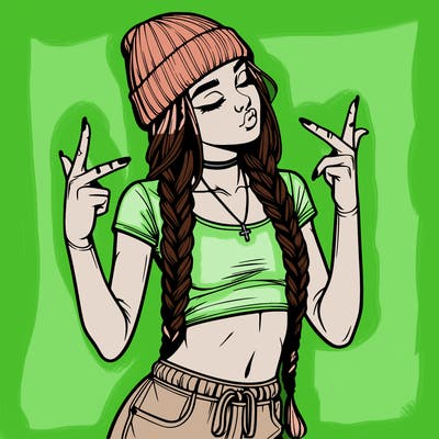 realistic teenage girl with braids and a beanie and crop top doing 🫶🏼