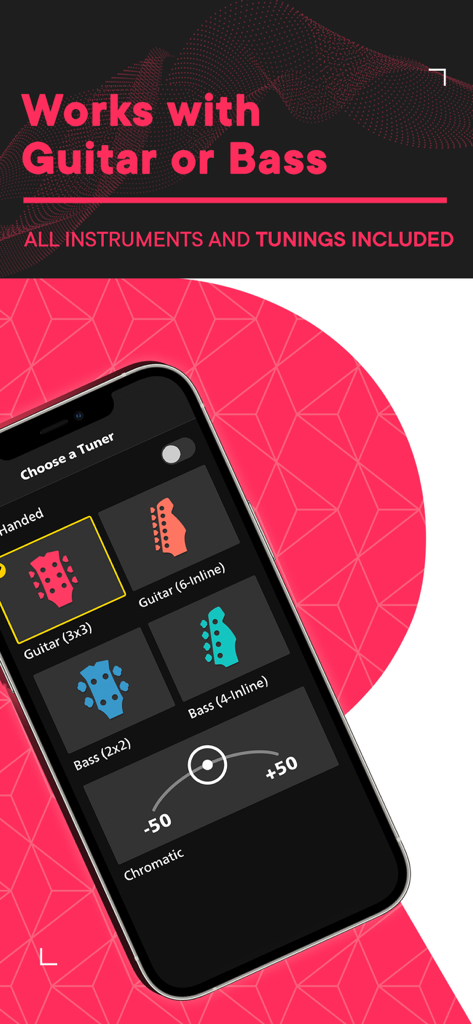 Rocksmith Tuner - Rocksmith Tuner app interface showing guitar and bass headstock selection screen