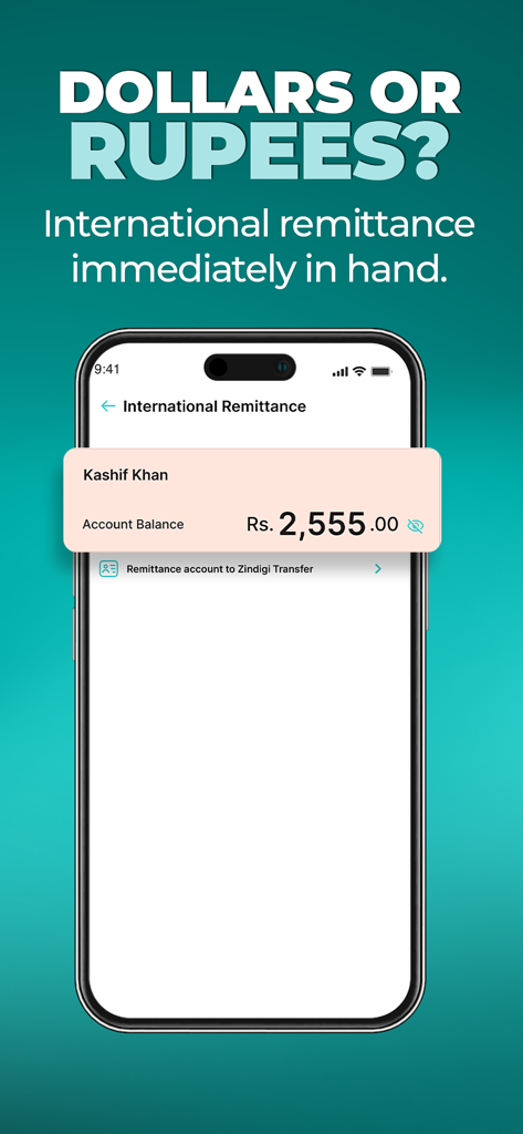 Zindigi - All in One Finance - Smartphone screen displaying the Zindigi app international remittance interface with an account balance in Rupees