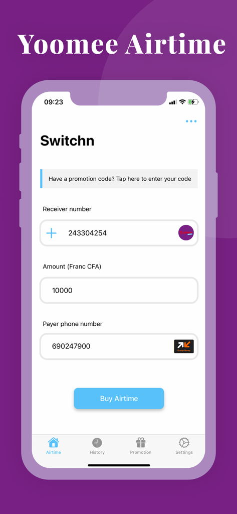 Achetez du crédit YooMee au Cameroun en utilisant Orange Money sur l'application mobile Switchn.