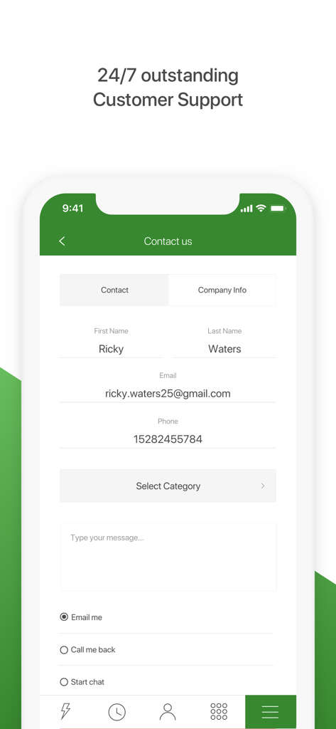 Contact us form in the CallIndia app showing options for email, call back, and chat support.