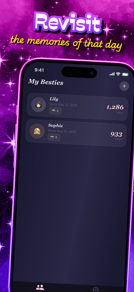 스마트폰 화면에 친구 프로필과 우정 일수가 표시된 Relar 앱 My Besties 페이지가 표시됩니다.