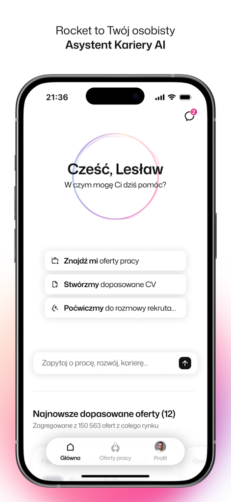 Rocket - Asystent Kariery - Home screen of the Rocket AI career assistant app showing personalized job search and CV tailoring options on a smartphone