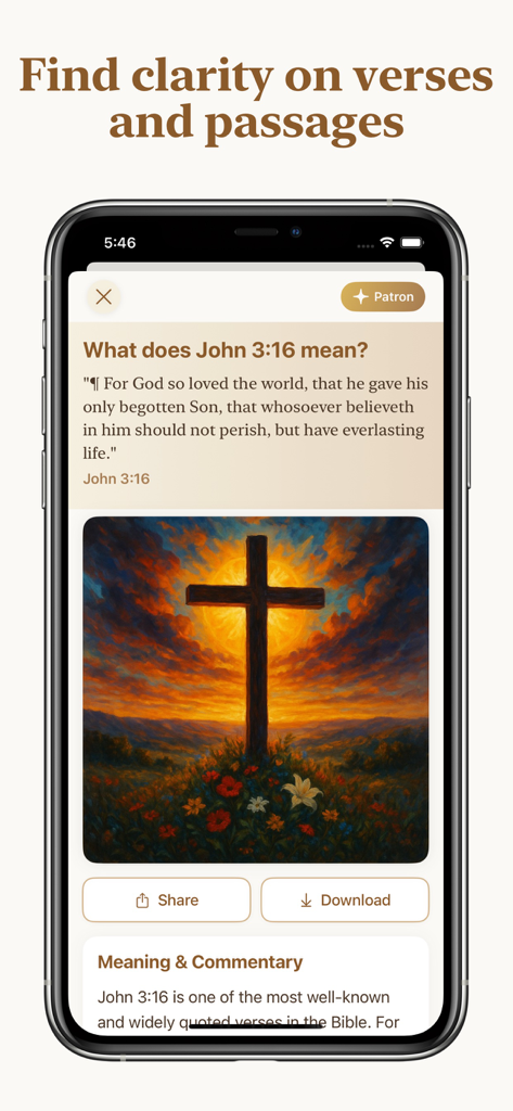 Bible Chat - Interfaz de la aplicación Bible Chat que muestra una explicación detallada y comentarios sobre un versículo bíblico