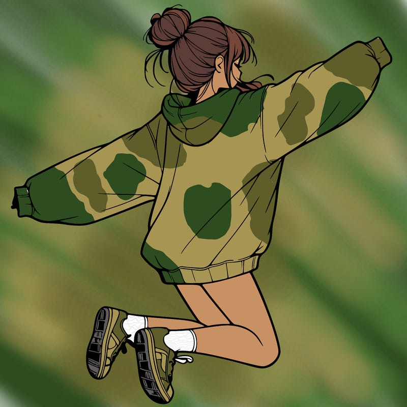 realistic girl jumping with a bun and oversized sweatshirt