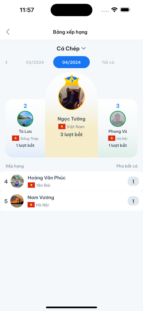 Fishmap - Top anglers leaderboard on the Fishmap app showing catch rankings