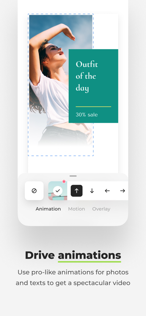 Interface de l'application Smoozly montrant les contrôles d'animation pour une story sur les réseaux sociaux 'Tenue du jour'.