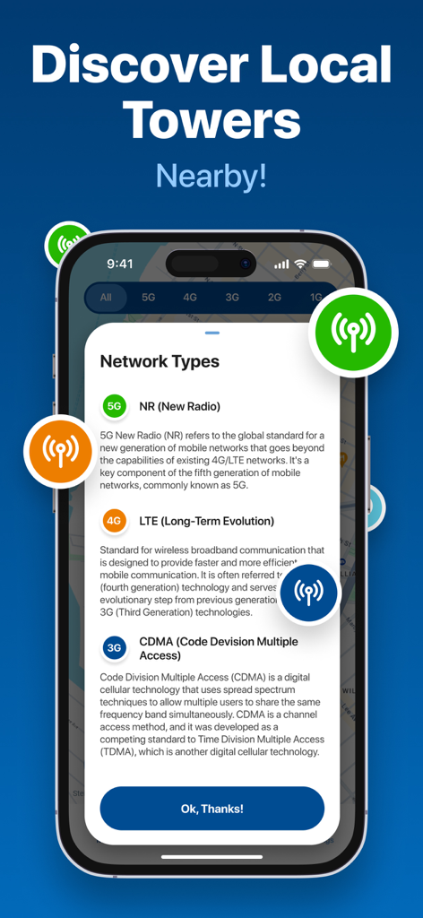 A screenshot from the Cell Tower Locator PRO app showing detailed information about 5G, 4G LTE, and 3G network types on a map background.