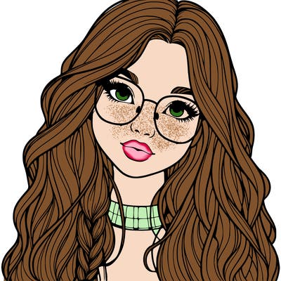 girl with long hair and freckles and glasses realistic