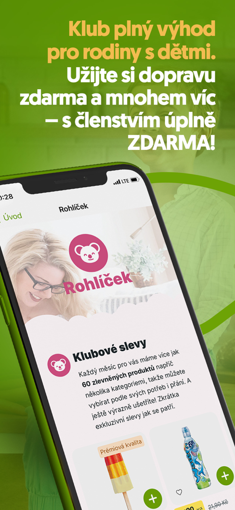 Rohlik app screen showing the Baby Club loyalty program for families featuring free delivery and member discounts