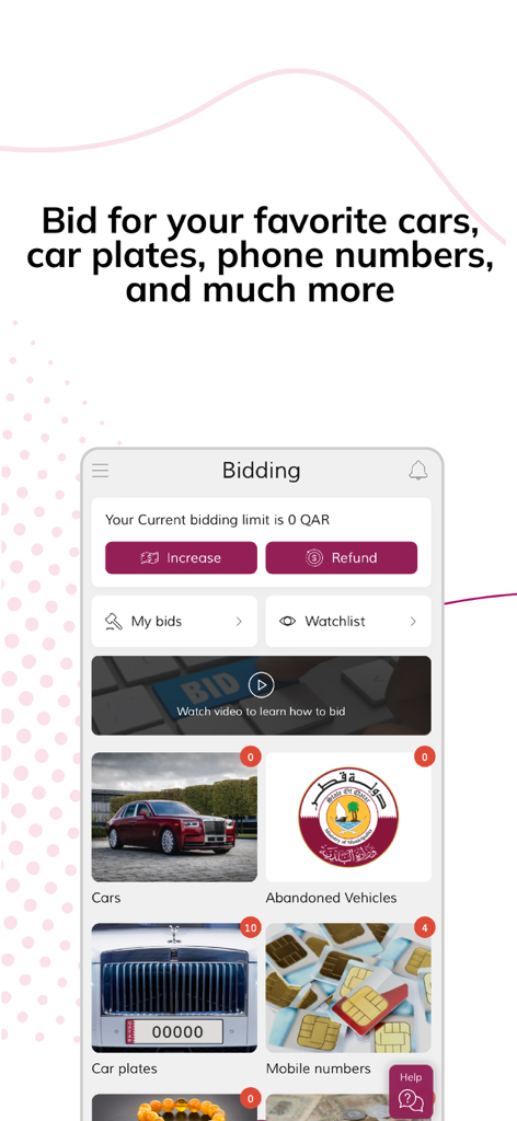 Mzad Qatar مزاد قطر - Mzad Qatar app interface for bidding on cars and mobile numbers