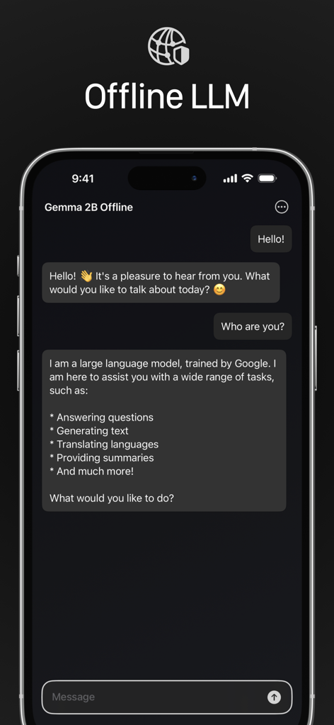 Gemma 2B AI Chat - Offline LLM - A chat interface of the Gemma 2B AI app on an iPhone showing a conversation with the offline large language model.