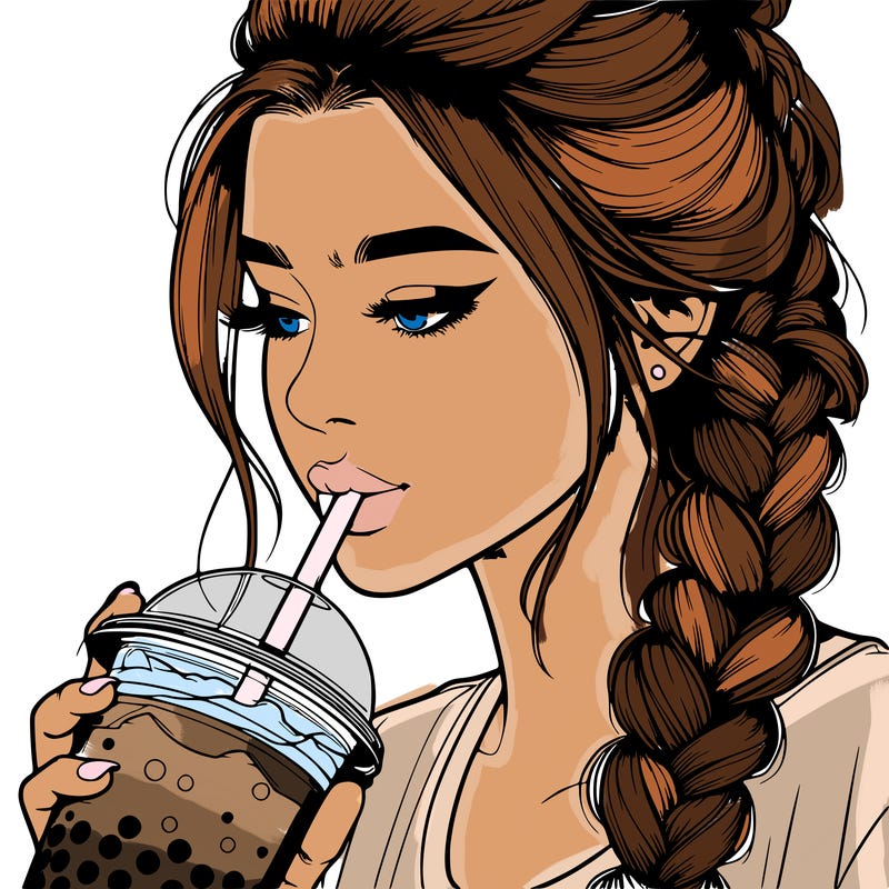 realistic girl drinking boba tea with braided hair