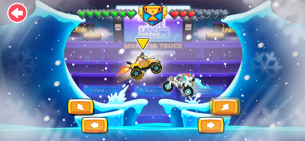 Monster Truck Games kids - Zwei bunte Monstertrucks springen in einer verschneiten Stadionarena während eines Kinderrennspiels