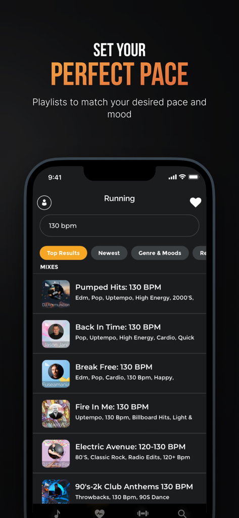 Fit Radio: Train Inspired - Fit Radio app interface showing a list of running music mixes filtered for a 130 BPM pace.