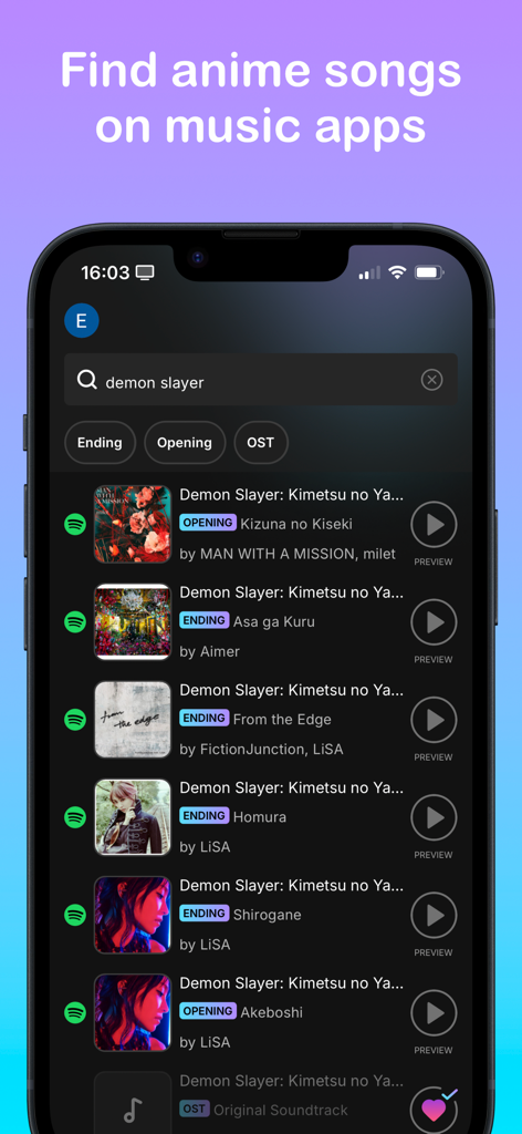 AniPlaylist - Pantalla de búsqueda de la aplicación AniPlaylist que muestra resultados de música oficial para el anime Demon Slayer