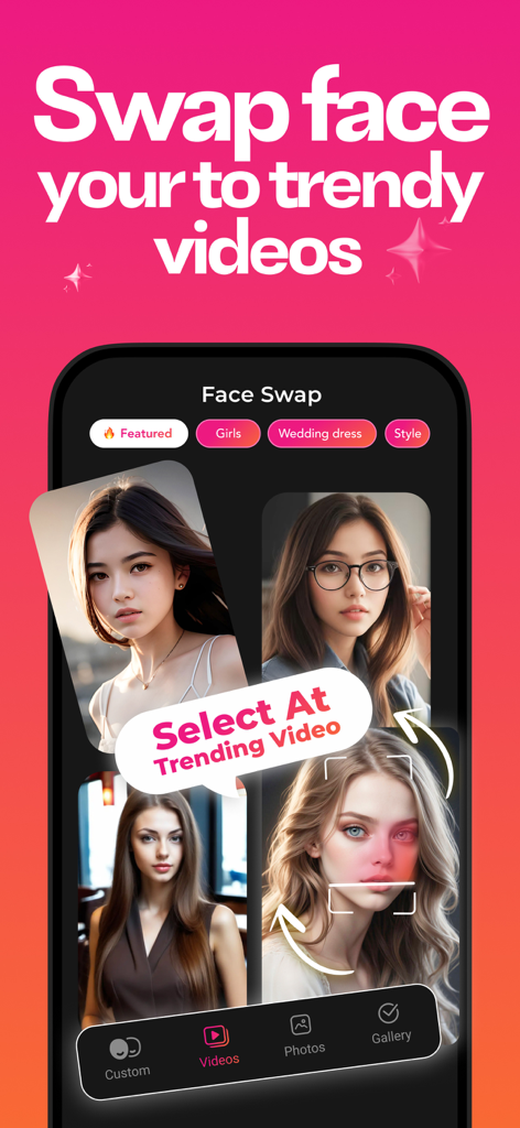 AI face swap app interface showing video templates and face detection for trending content