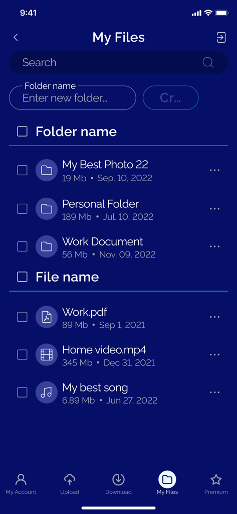Interfaz de la aplicación Zeus File Manager mostrando la pantalla Mis Archivos con una lista de carpetas y archivos incluyendo formatos PDF, video y audio.