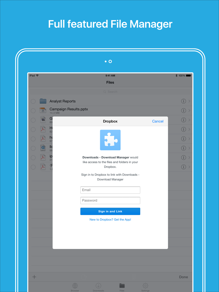 Files HD - File Manager - Dropbox login screen within the Files HD file manager app on an iPad