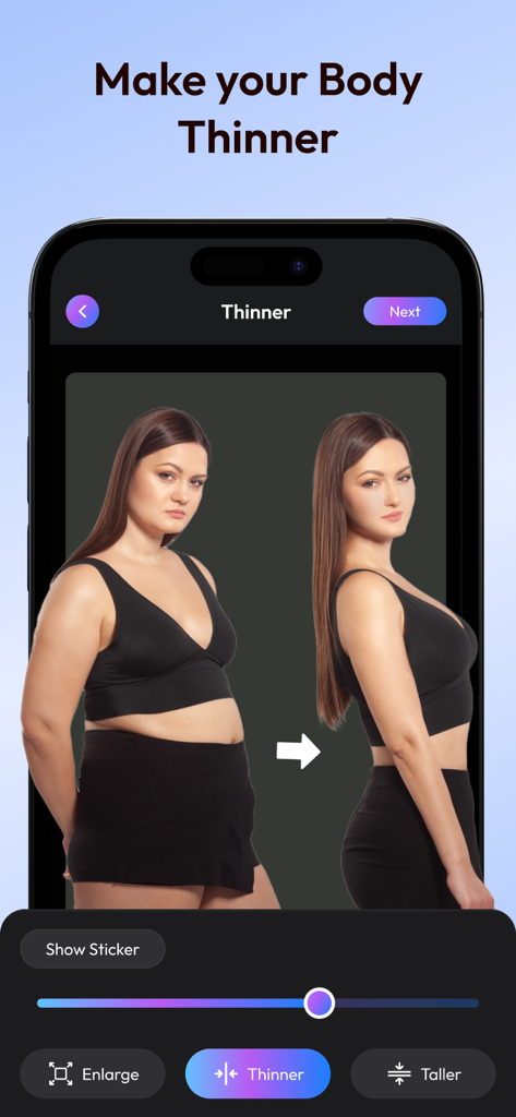 A smartphone screen showing a before and after comparison of a thinner body edit