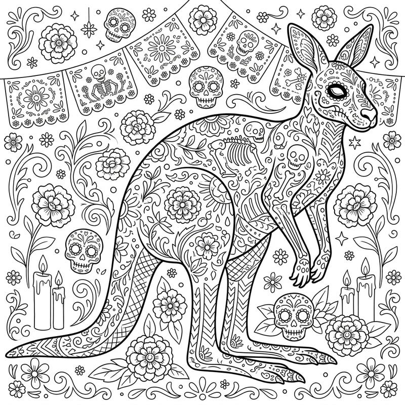 Discover a truly unique fusion of nature and tradition with this captivating Day of the Dead Kangaroo coloring page. Immerse yourself in intricate patterns and celebratory motifs, perfect for artists of all levels.