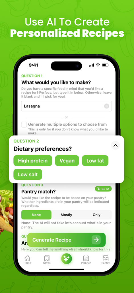 Interfaz de la aplicación móvil Cookpanion que muestra el generador de recetas de IA con filtros de preferencias dietéticas y opciones de coincidencia de despensa.