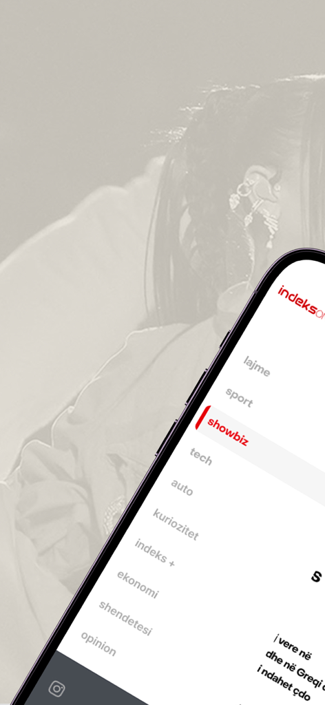 IndeksOnline - IndeksOnline mobile app navigation menu displaying news categories in Albanian