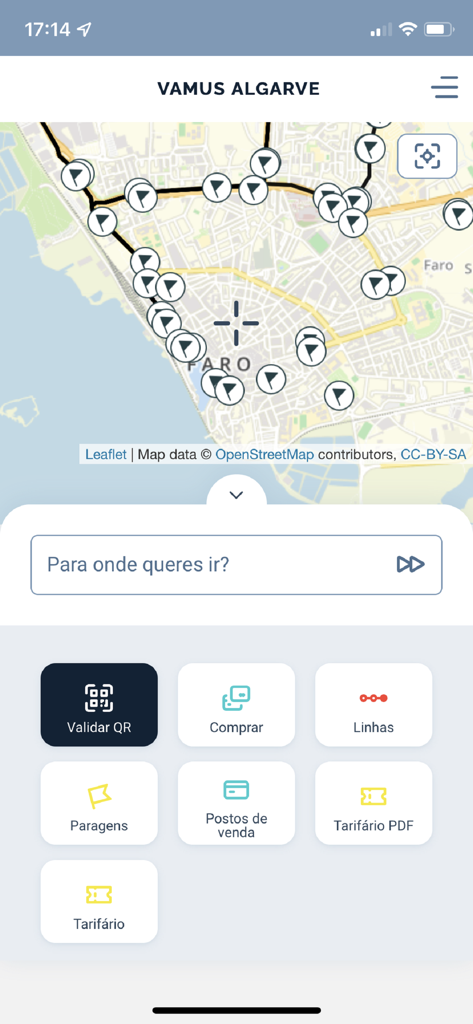 Vamus Algarve app interface showing bus routes and stops on a map of Faro