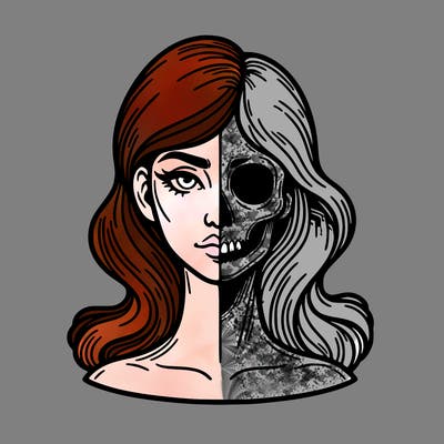 bust of a woman, half face and hair, half skull