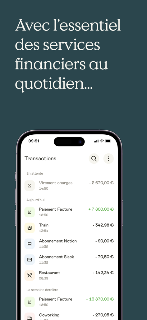 Shine - Compte pro en ligne - Interface de l'application mobile Shine affichant les transactions professionnelles quotidiennes et les dépenses sur un écran de smartphone.