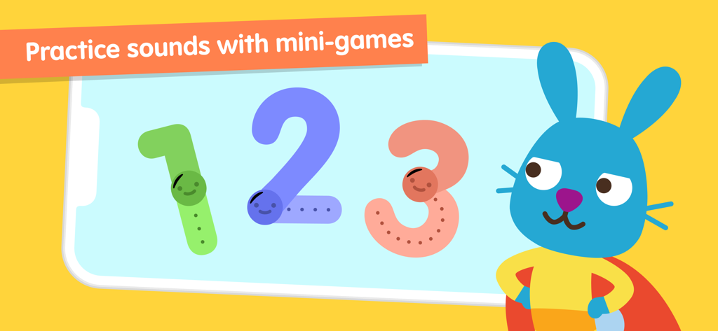 A colorful screen from Sago Mini First Words showing numbers one two and three with a blue bunny character representing educational mini games for kids