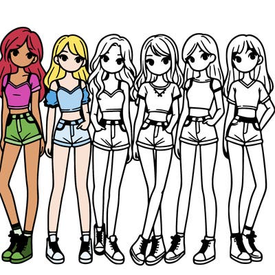 a group of girls wearing crop tops and shorts