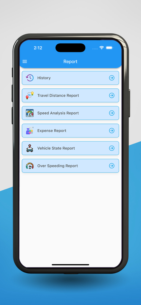 Grameenphone Vehicle Tracking - Report menu in the Grameenphone Vehicle Tracking app listing history travel distance and speed analysis options