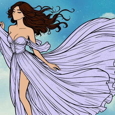 realistic woman in dress flowing the the wind