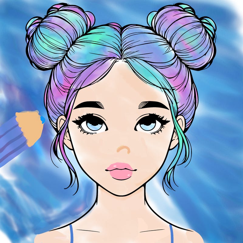 realistic girl with two buns on top of her head