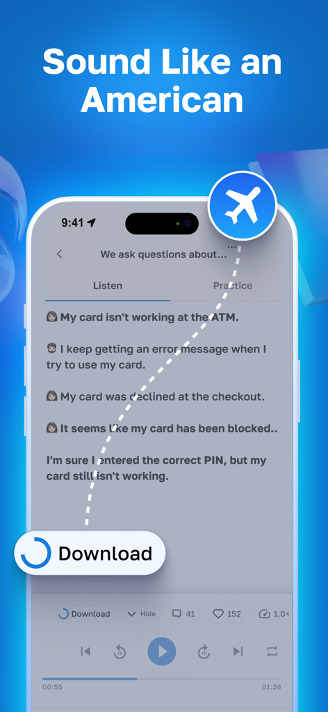 Lisn Learn Speak English Audio - Lisn app interface showing American English audio lessons and offline download functionality