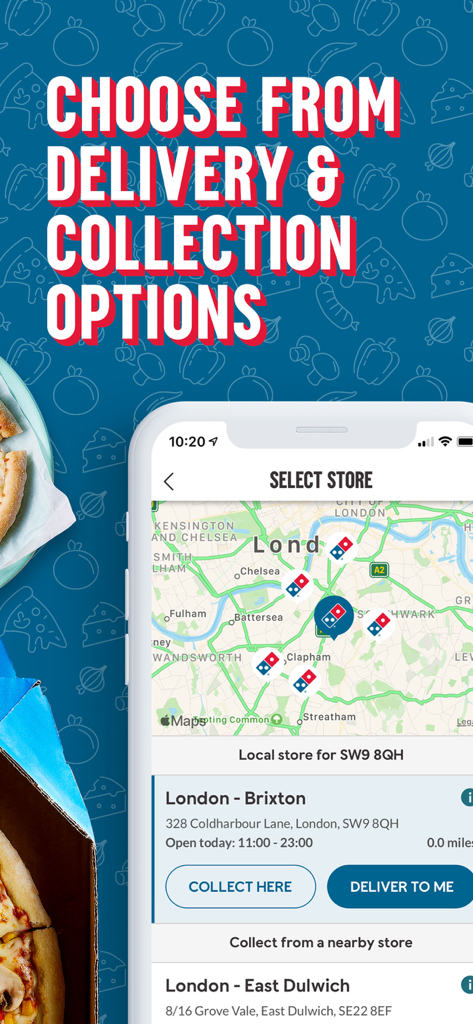 Domino's Pizza Delivery UK&ROI - Domino's app interface showing a map of London with store locations and buttons for delivery or collection options.
