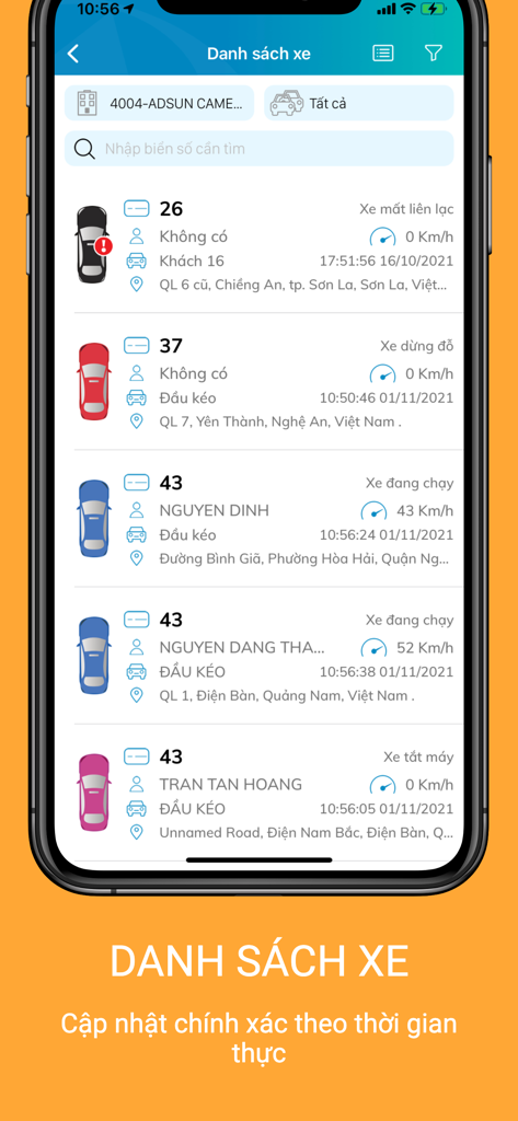 ADSUN - Lista de vehículos en tiempo real en la aplicación de rastreo GPS Adsun mostrando estado y ubicación.