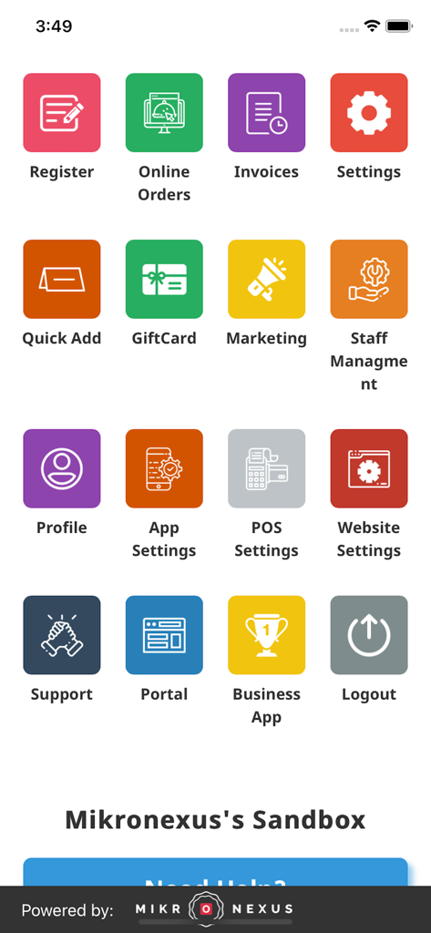 tio POSアプリのメインメニュー。レジ、オンライン注文、請求書、マーケティング、スタッフ管理のアイコンが表示されています。