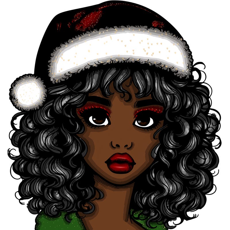 realistic girl with a santa hat curly hair and lips