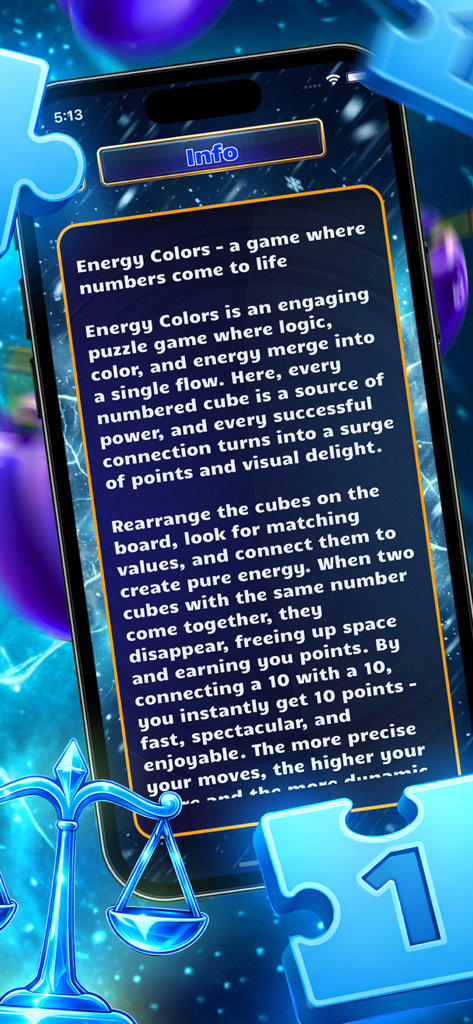 Un iPhone mostrando la pantalla de información de Energy Colors explicando cómo emparejar cubos numerados para obtener puntos