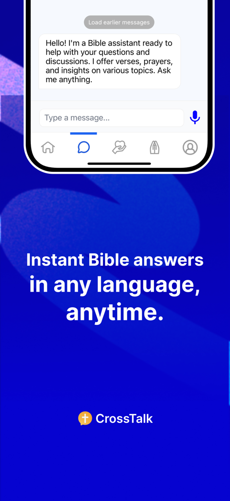 CrossTalk: Bible Chat + Prayer - CrossTalk app interface showing an AI Bible assistant offering instant answers to scriptural questions