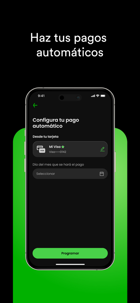 MultiMoney: Créditos y ahorro - Interface of the MultiMoney app showing how to set up automatic payments with a digital Visa card