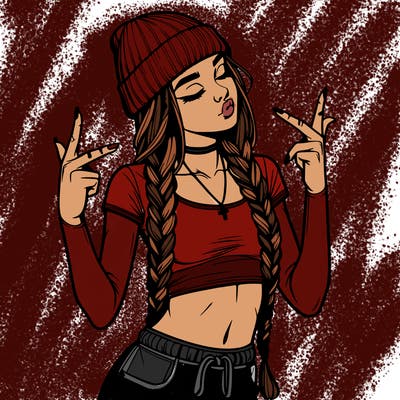 realistic teenage girl with braids and a beanie and crop top doing 🫶🏼