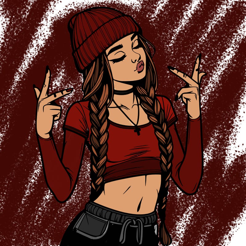 realistic teenage girl with braids and a beanie and crop top doing 🫶🏼