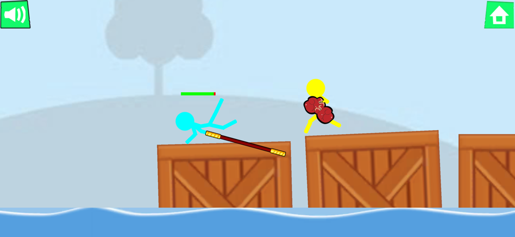 Stickman Stick Fighting Battle - Stickmen azules y amarillos luchando sobre cajas de madera en Stickman Stick Fighting Battle