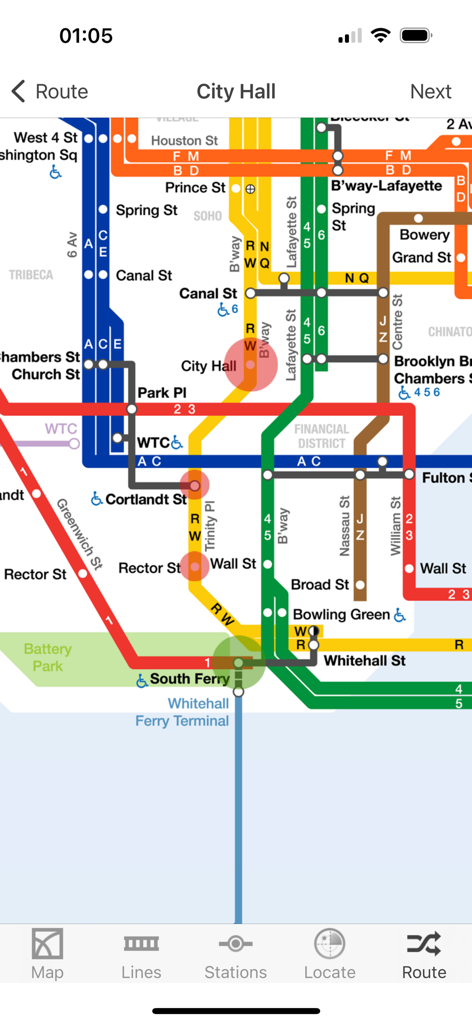 A interface do aplicativo Metrô de Nova York exibindo um mapa de trânsito detalhado com estações e linhas de trem em Lower Manhattan.